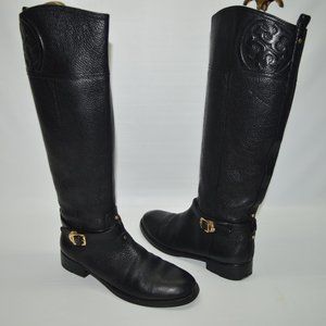 Tory Burch Marlene Black Pebbled Leather Tall Riding Boots Women's Size 8M